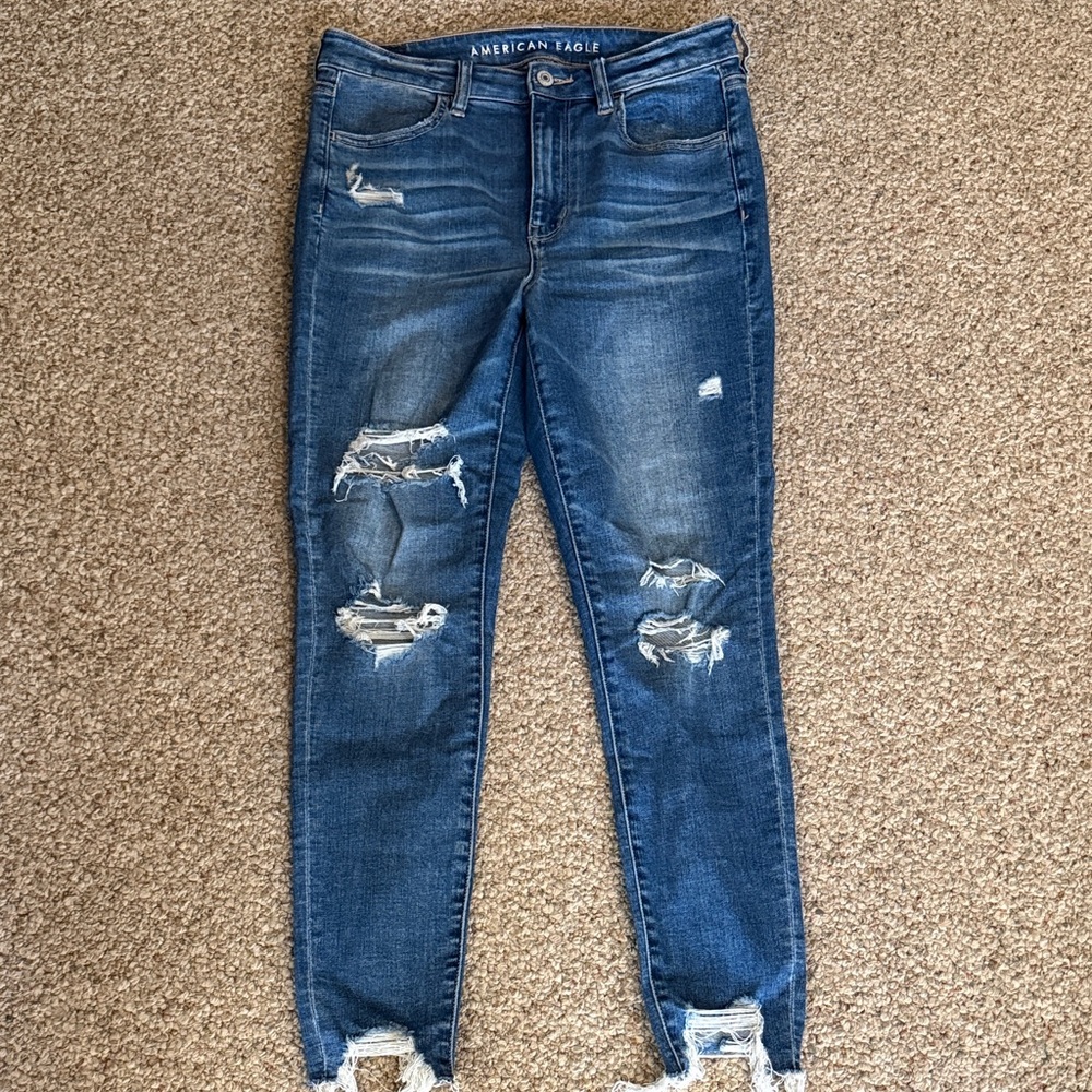 American Eagle Outfitters Women's Dark Blue Ripped Skinny Jeans